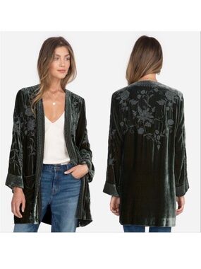 Johnny Was Millie Velvet Smoking Jacket Snake Eye Green